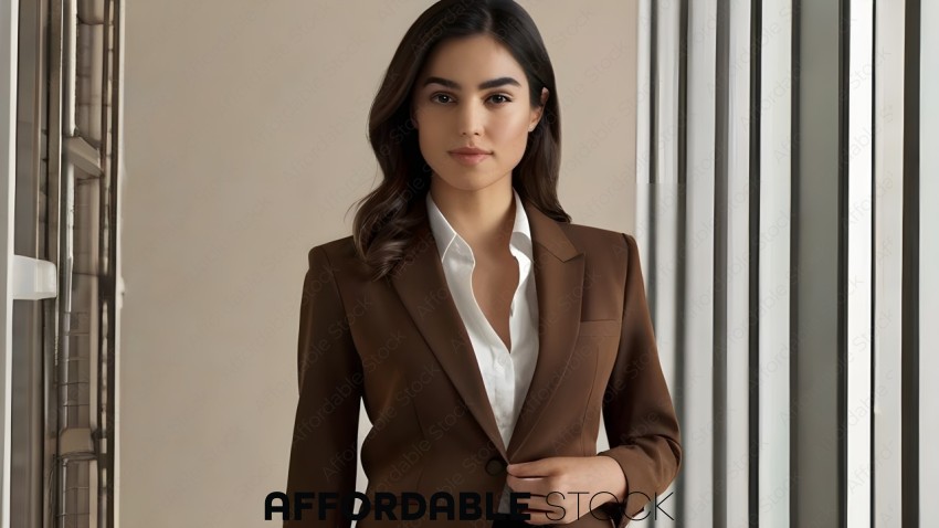 A woman in a brown suit and white shirt