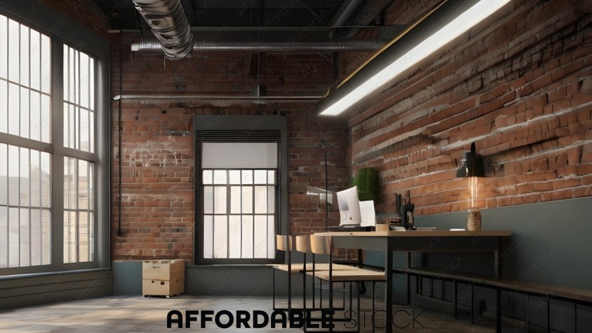 A modern office space with a brick wall and a desk with a computer