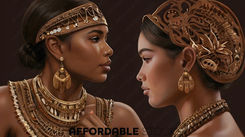 Two women wearing gold jewelry and headpieces
