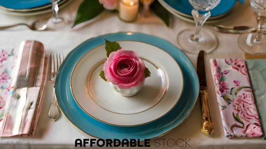 A fancy dinner plate with a rose on it