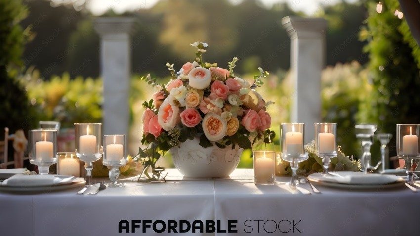 A table with a vase of flowers and candles