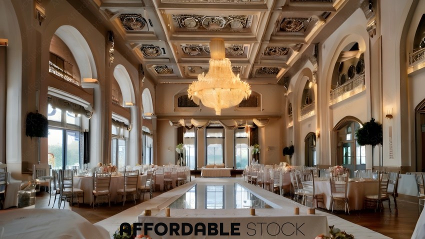A large ballroom with a long table and chandelier