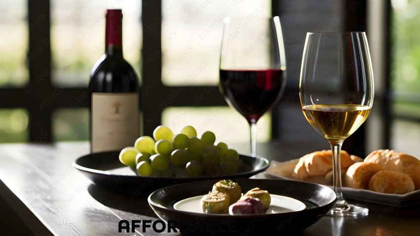 A table with a glass of wine, grapes, bread, and cheese