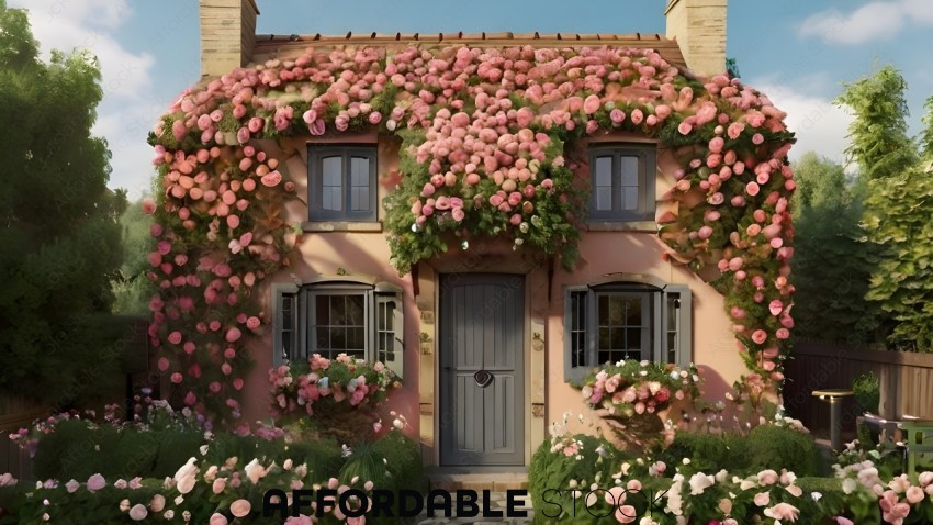 A pink house with a garden of flowers