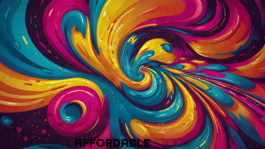 A colorful abstract painting with a yellow, blue, and pink background