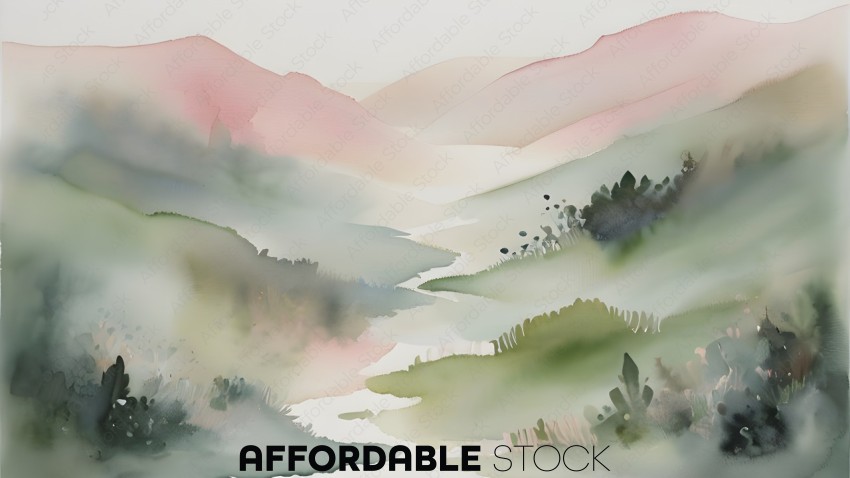 A watercolor painting of a mountain landscape
