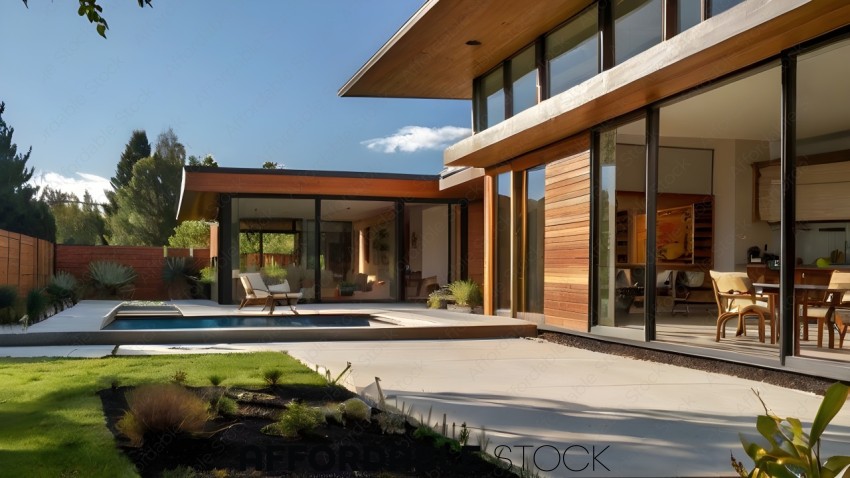 A large, modern home with a pool and a wooden deck