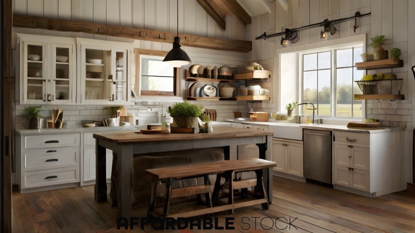 A rustic kitchen with a wooden table and bench
