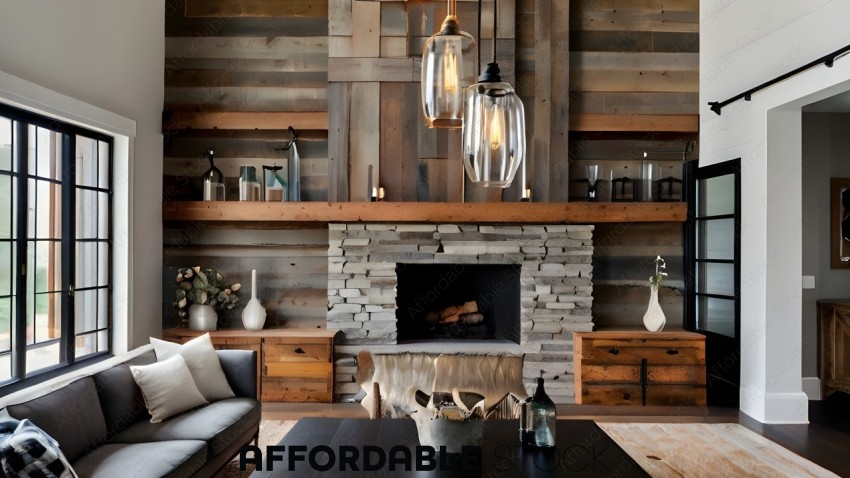 A rustic living room with a fireplace and a table