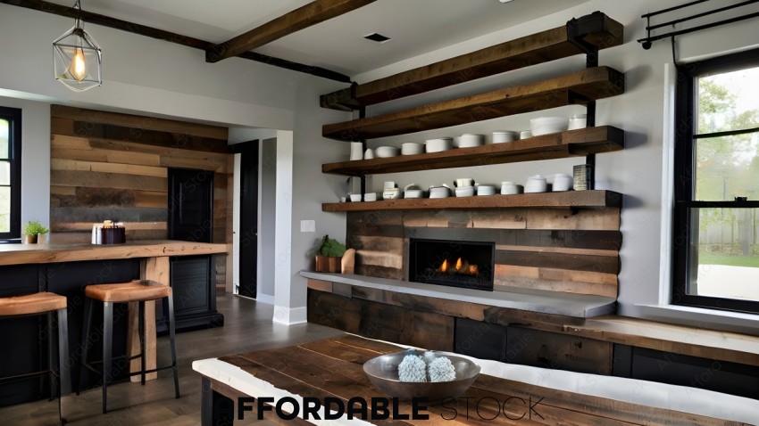 A rustic kitchen with a fireplace and wooden shelves