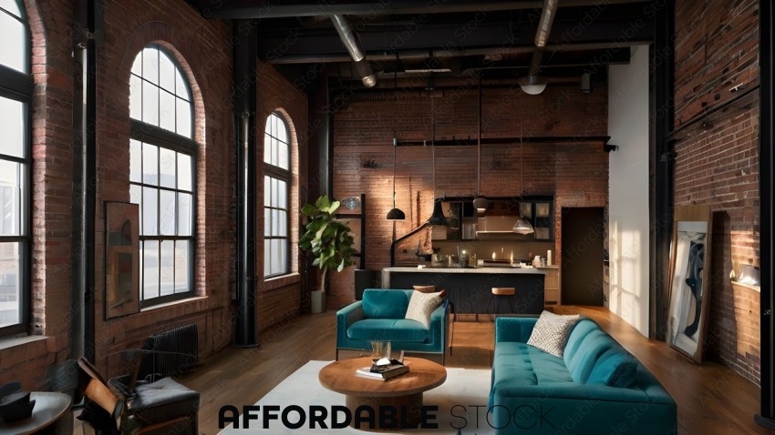 A large, open room with a brick wall and a blue couch