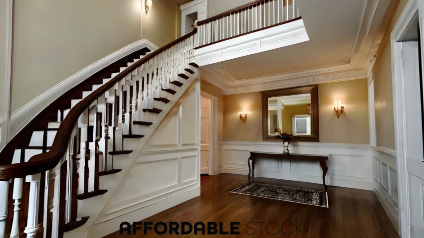 A staircase with a white railing and a mirror on the wall
