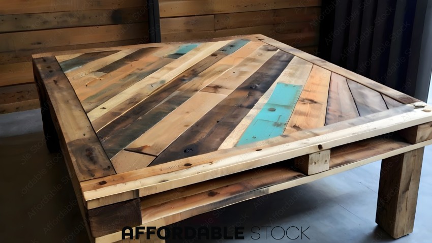 Wooden Table with Blue and Brown Stripes