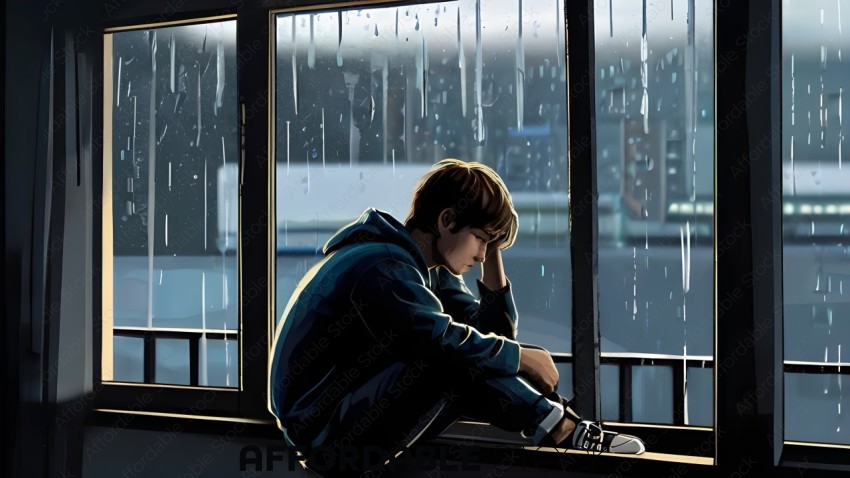 A young man sitting on a window sill, looking out the window