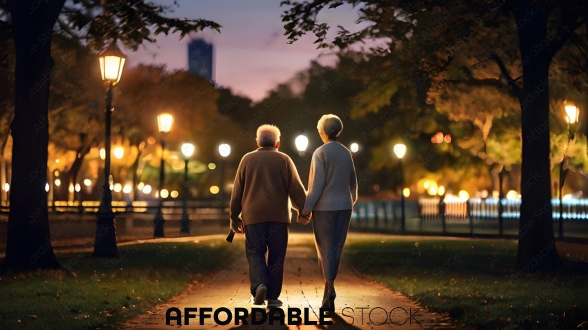 An elderly couple walks hand in hand down a path at night