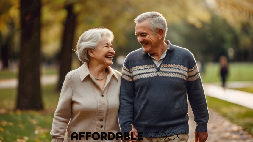 An elderly couple walking together, smiling and holding hands