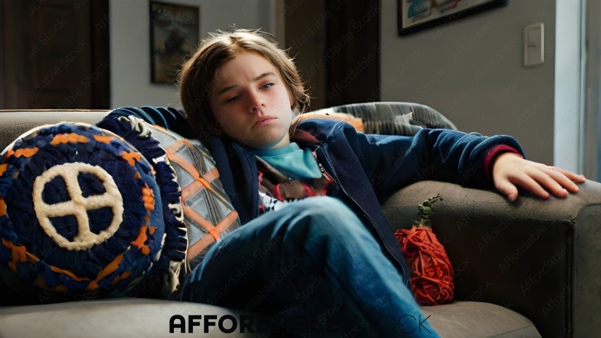 A young boy with a blue jacket and blue jeans sitting on a couch