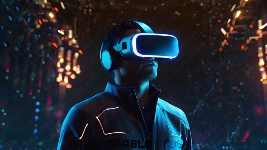 Man wearing a blue jacket with a VR headset on