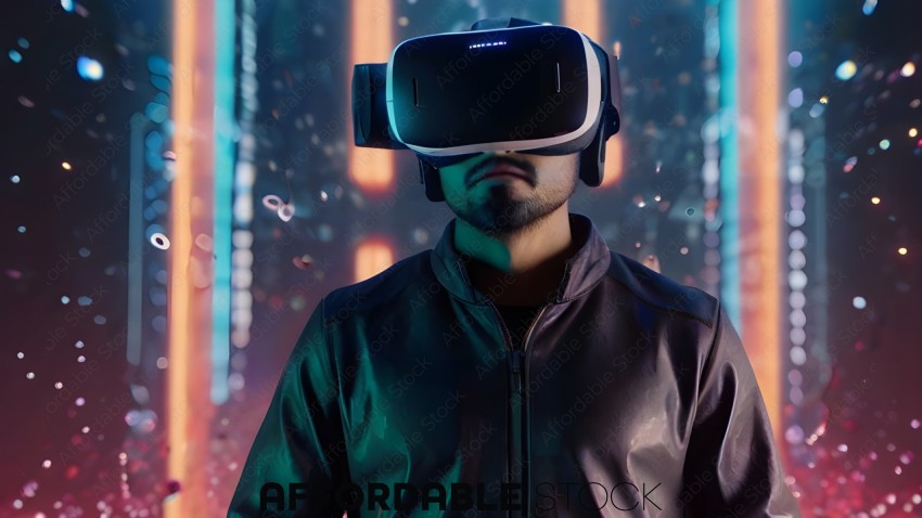 Man wearing a leather jacket and a VR headset
