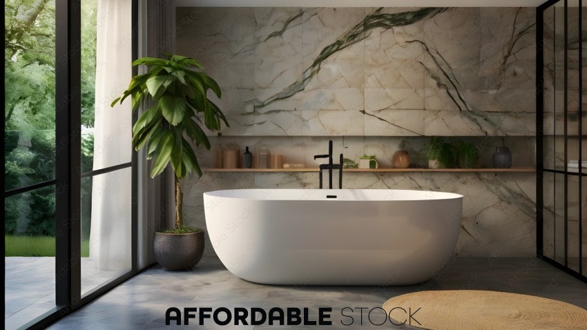 A large white bathtub with a black faucet