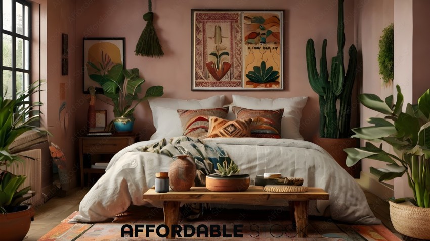 A bedroom with a bed, table, and potted plants