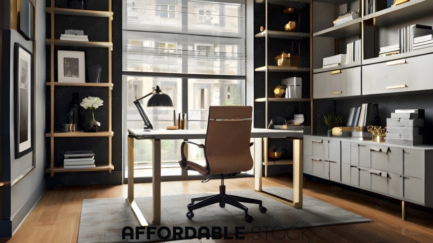 A modern office desk with a chair and a lamp