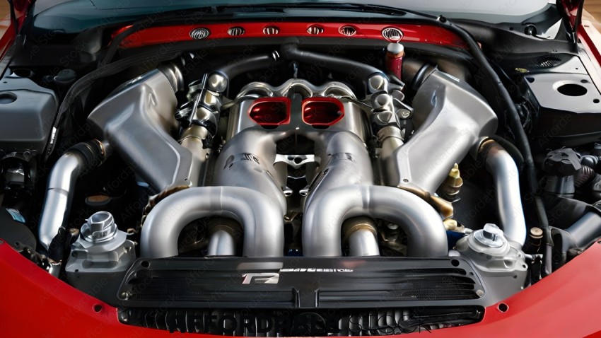 A close up of a car engine with a red hood