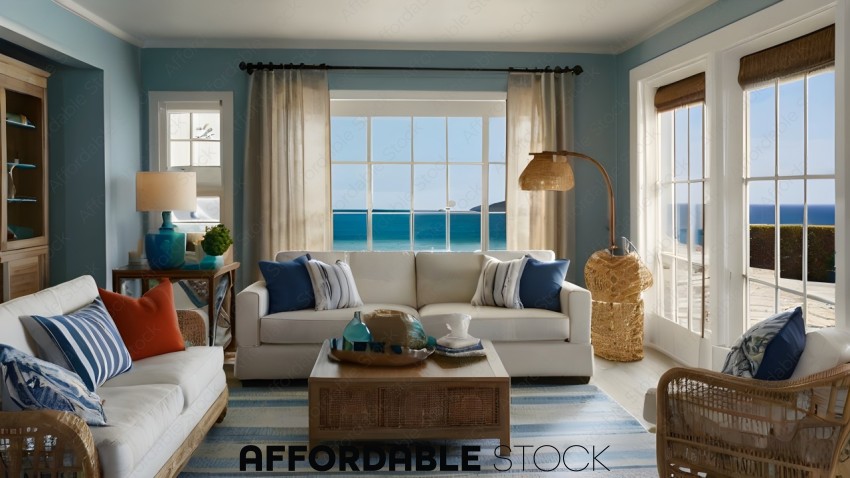 A cozy living room with a blue ocean view