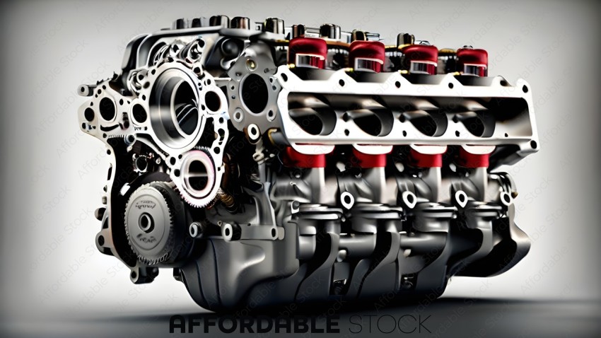 A close up of a car engine with red and silver cylinders