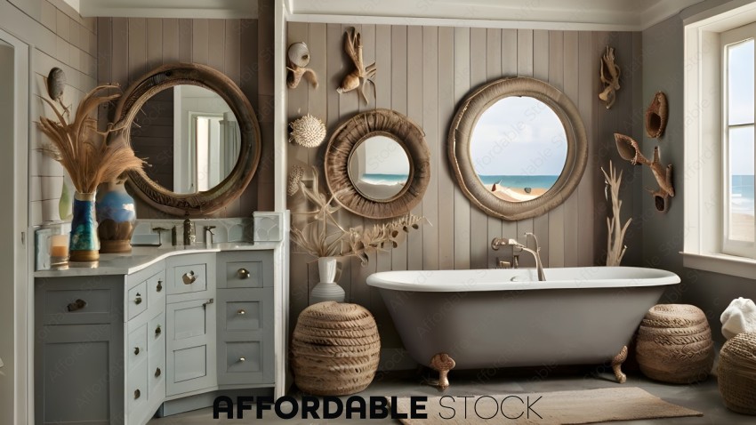 A bathroom with a bathtub, sink, mirrors, and decorative elements
