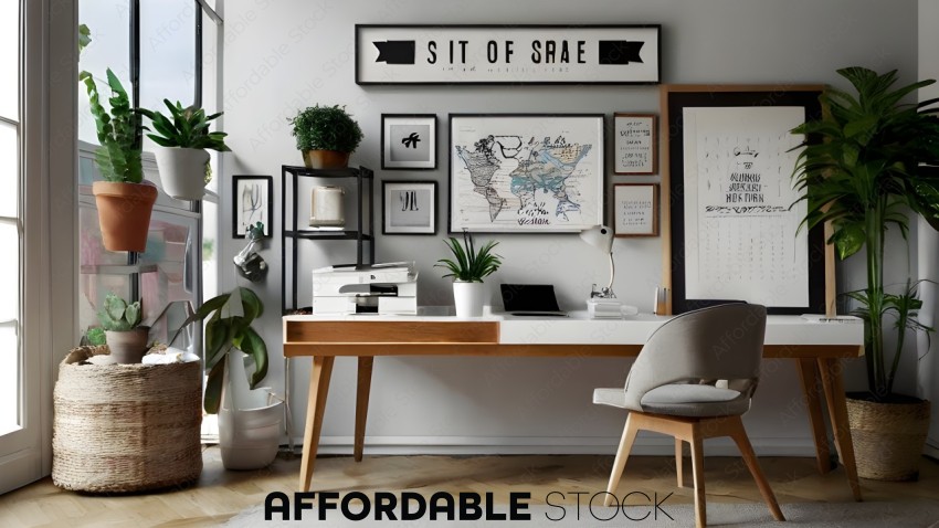 A Home Office with a Desk, Chair, and Pictures