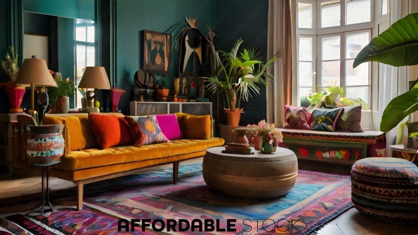 A colorful living room with a rug and furniture