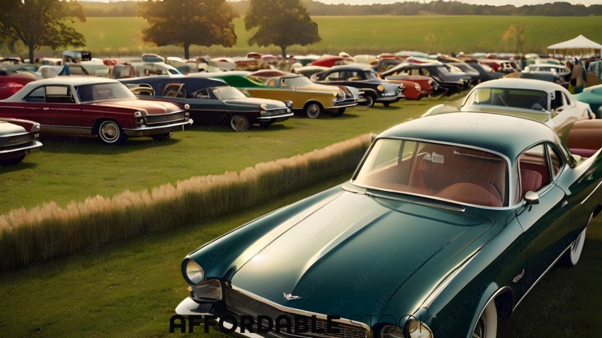A row of classic cars parked in a field