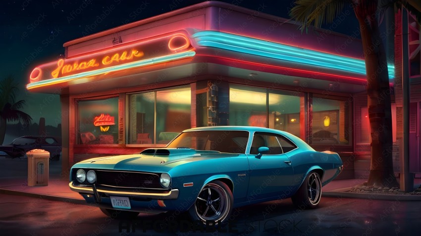 Blue Ford Mustang parked in front of a neon sign