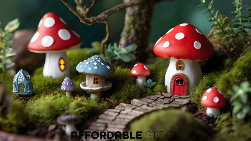 Miniature mushroom houses with a forest setting