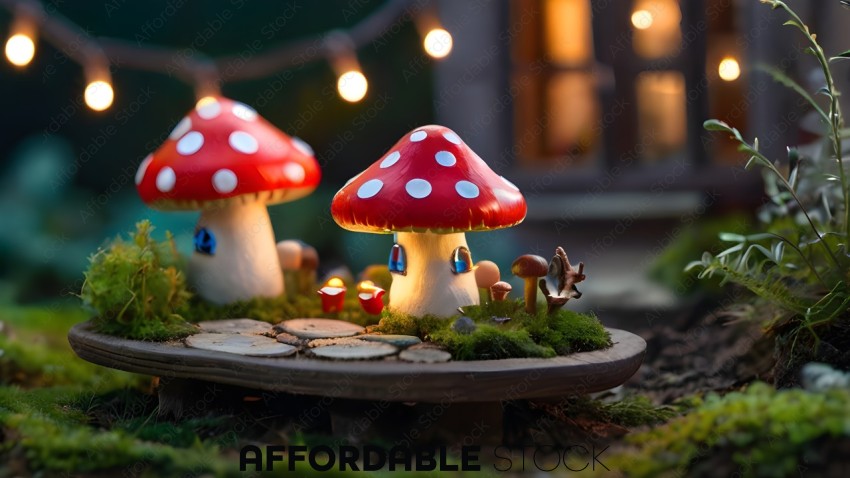 A miniature scene of mushrooms with lights