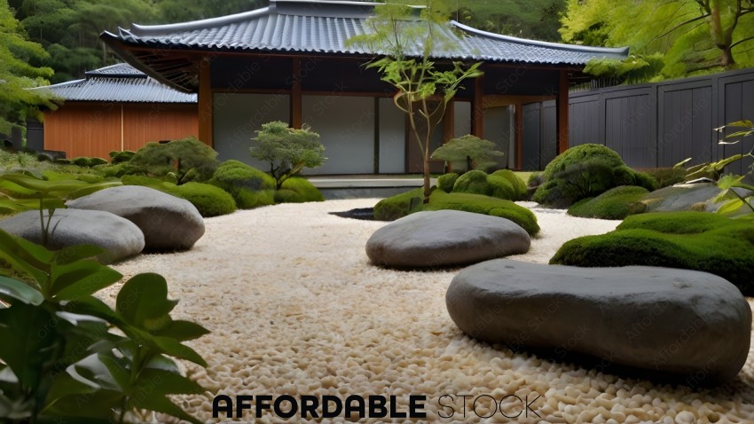 A rock garden with a house in the background