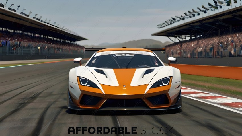 A white and orange sports car on a track