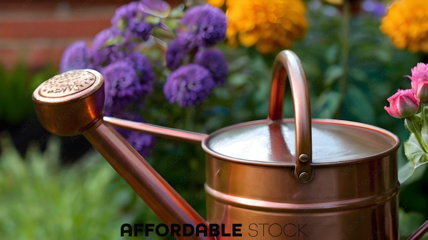 A copper pot with a handle and a flower pot in the background