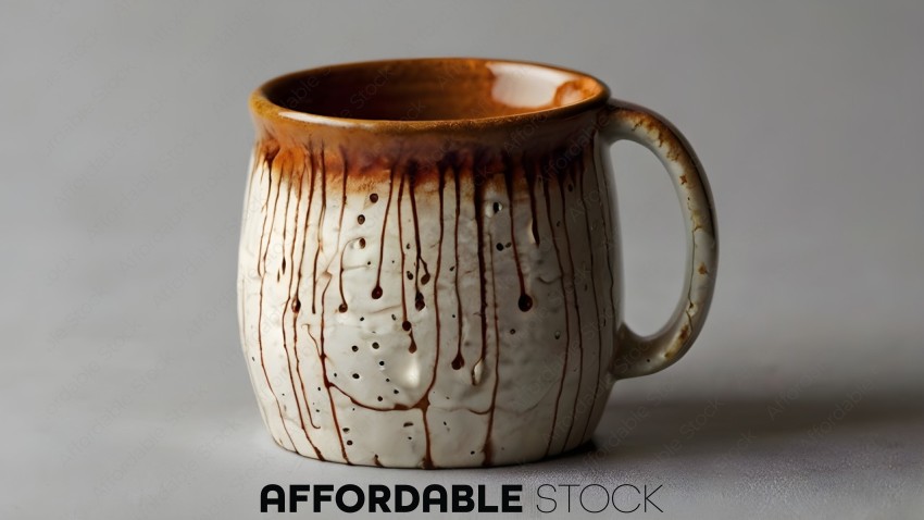A mug with brown and white spots