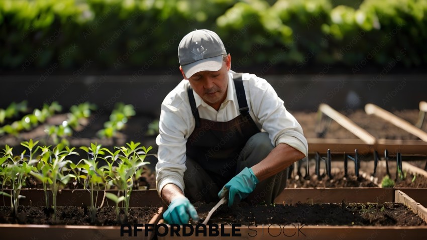 Man in gardening gloves and suspenders planting a seedling