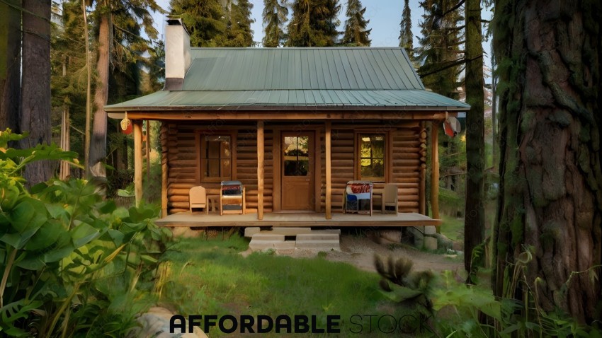A log cabin with a porch and chairs