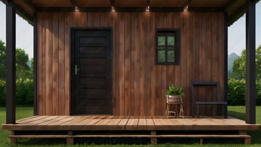 A wooden house with a plant and a chair on the porch