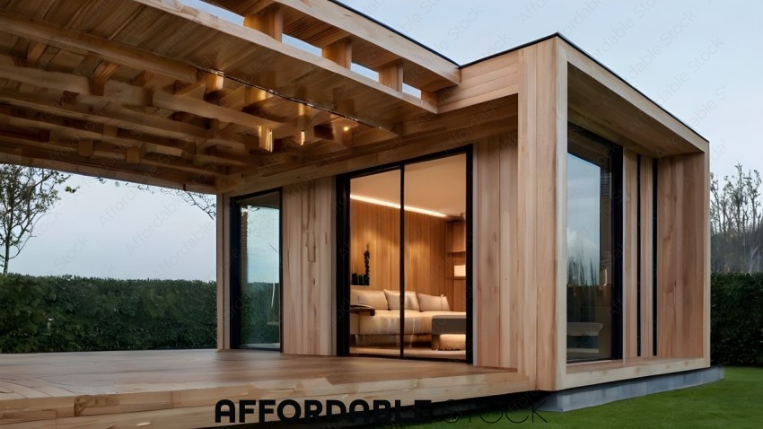 A small wooden house with a glass wall and a couch