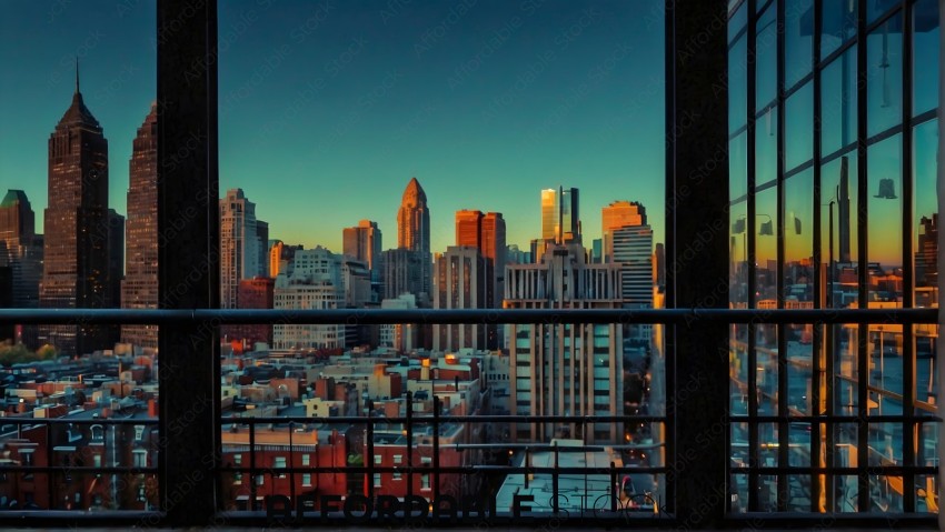 Urban Skyline Viewed Through Window at Dusk