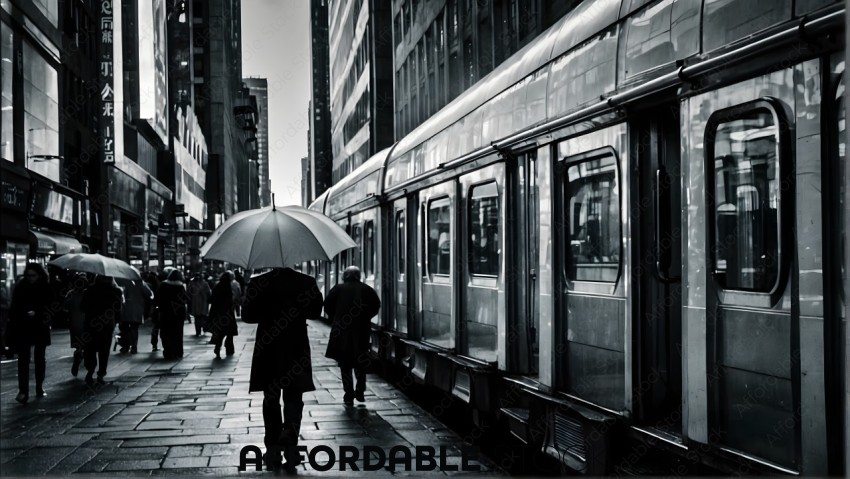 People walking on sidewalk with umbrellas
