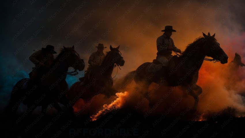 Cowboys Riding Horses Through Smoke