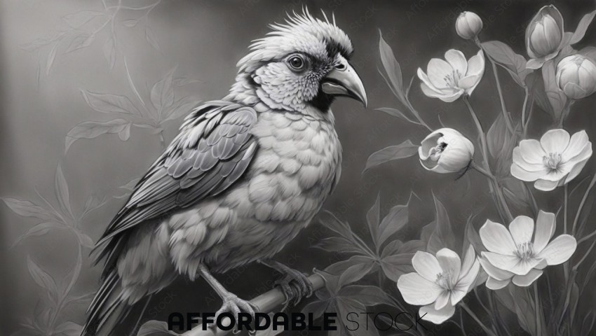Black and White Illustration of a Parrot with Flowers