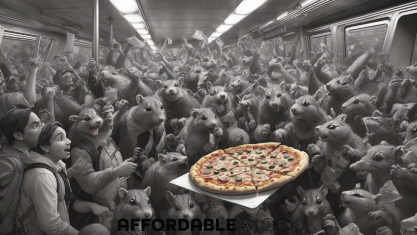 Subway Car Filled with Cartoon Rats Holding Pizza