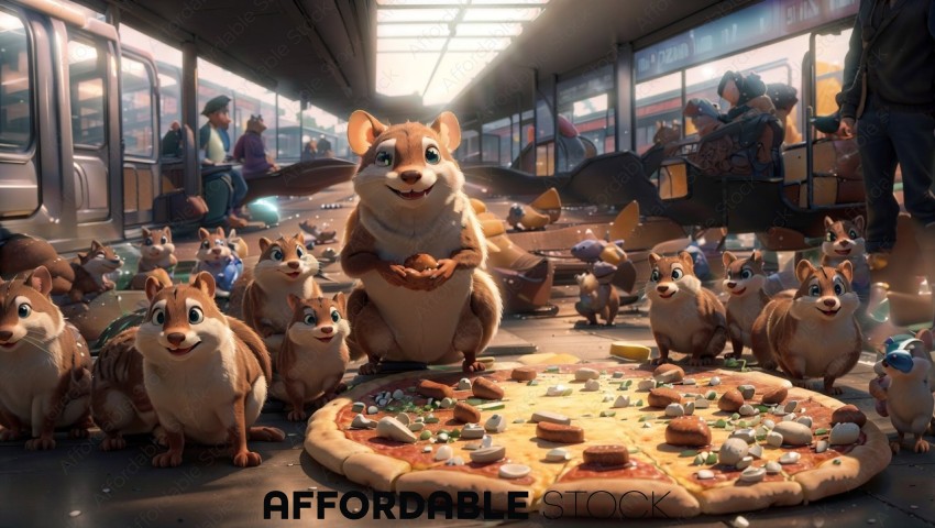 Animated Chipmunks with Giant Pizza